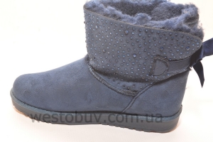 Зимние низенькие женские угги в синих стразах R105